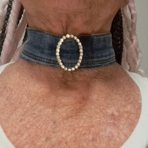 Denim Choker with Rhinestone Oval